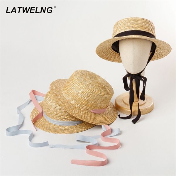 

wholesale kids straw sun hats with bandage girls summer beach hats 52cm head children flat visor caps 220507, Blue;gray
