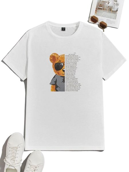 

men cartoon bear & slogan graphic tee u4sx#, White;black