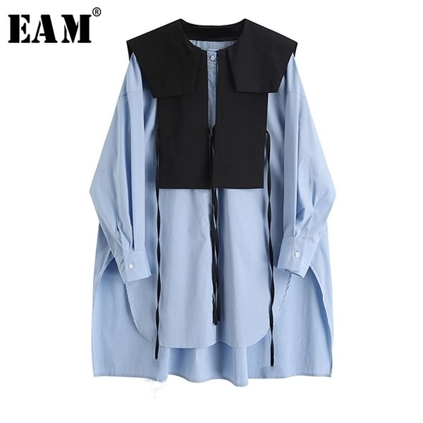 

eam women blue split big size long blouse new round neck long sleeve loose fit shirt fashion spring autumn lj200815, White