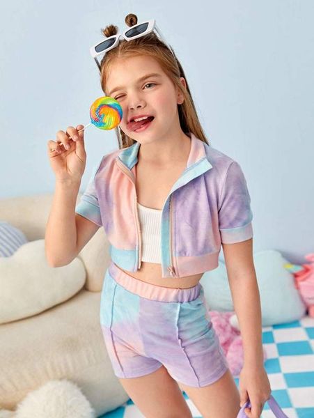 

girls tie dye print crop jacket & shorts set she, White