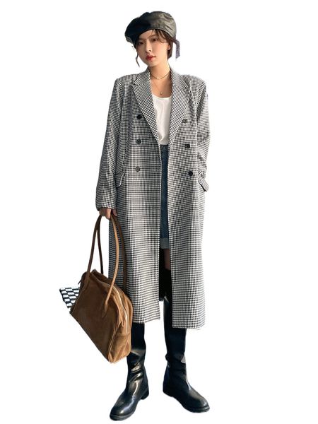 

dazy houndstooth double breasted lapel neck flap pocket coat i0t0#, Black