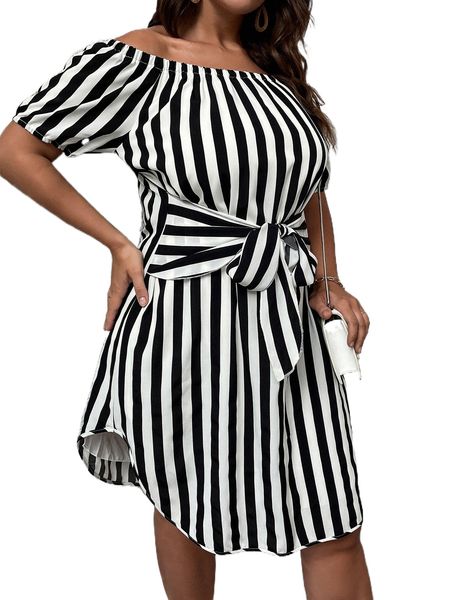 

plus striped print knot front dress n4sk#, Black