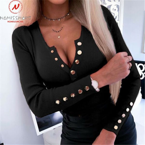

elegant women autumn winter knitted t shirts v neck button decor long sleeve solid color office lady slim pullovers 220714, White