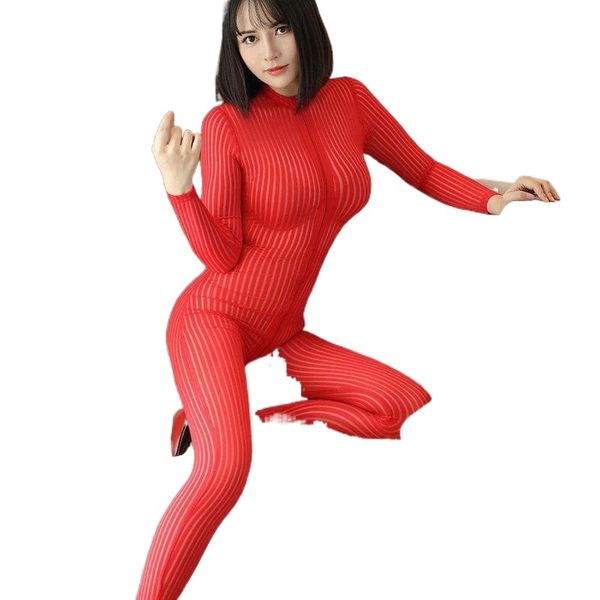 

women's jumpsuits & rompers open crotch bodycon long sleeve stripe see through skinny bodysuits double zipper nightclub party erotic co, Black;white