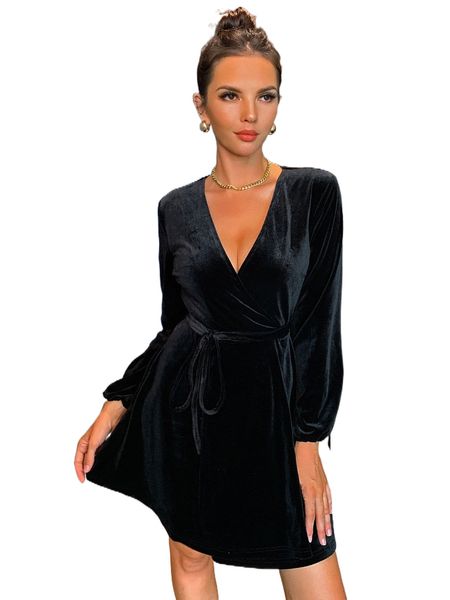 

joyfunear surplice neck lantern sleeve belted velvet dress 76mr#, Black;gray