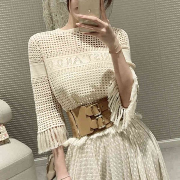 

women's polos style small versatile hollowed out tassel trumpet sleeve women's vest two-piece sweater yyzs, White