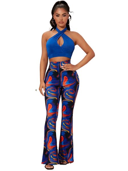 

sxy backless crop halter & marble flare leg pants r4re#, White