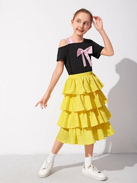 

girls bow front asymmetric neck tee & layered hem skirt she, White