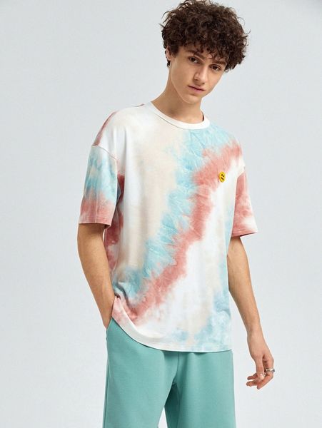 

men tie dye patched drop shoulder tee 2839#, White;black