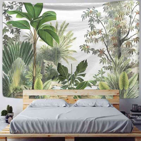 Planta tropical Arte de tingeste de tapeçaria folhas de palmeira folhas hippie flamingo pintura de cacto boho poliéster carpete decoração de parede j220804