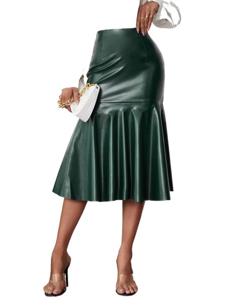 

tall high waist pu leather mermaid hem skirt w2tu#, Black