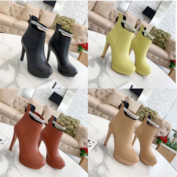 Designer Black Premium Leather Boots Senhoras brilhantes Cadeia Amarela Fluoresco Steleto Salto Round Round Plataforma Hap￩ salto alto DJ Sapatos de beleza fan￡tica