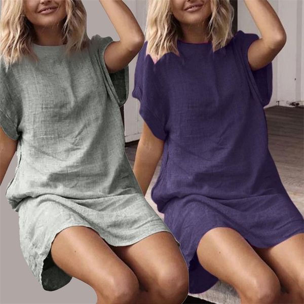 

s 5xl 9colors loose o neck short dress plus size causal woman summer linen blending party beach club travel shopping wear 220613, Black;gray