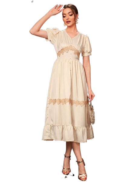 

guipure l.ace p.uff s.leeve ruffle hem d.ress d7fz#, Black;gray