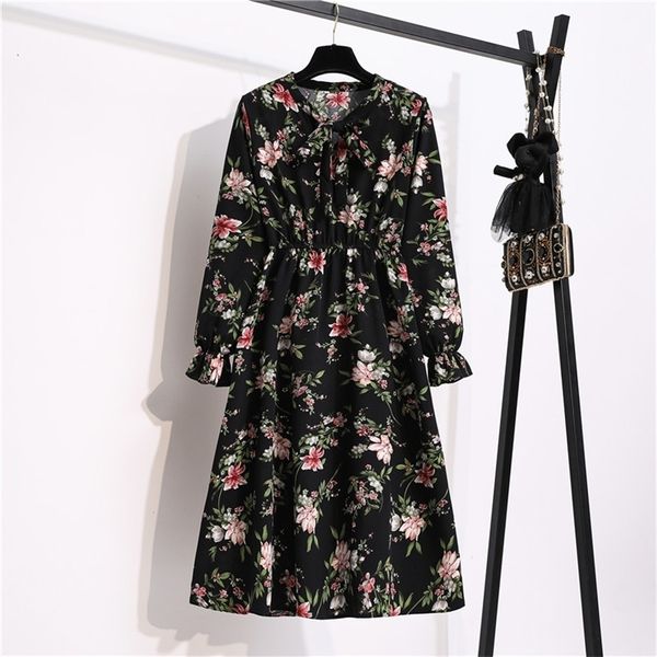 

korean chiffon spring summer dres vintage floral printed v-neck elastic waist fashion beach midi sundress vestidos 220330, Black;gray