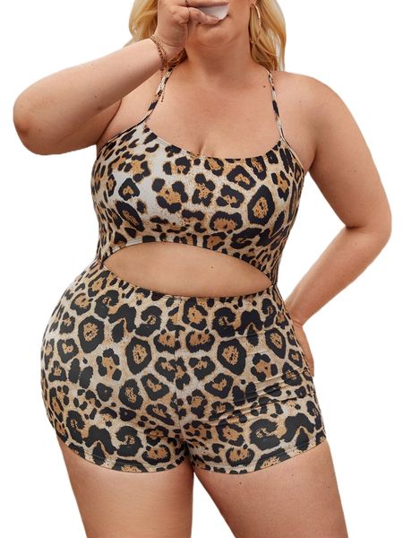 

plus leopard print cut out lace-up back one piece swimsuit p3xh#, White;black