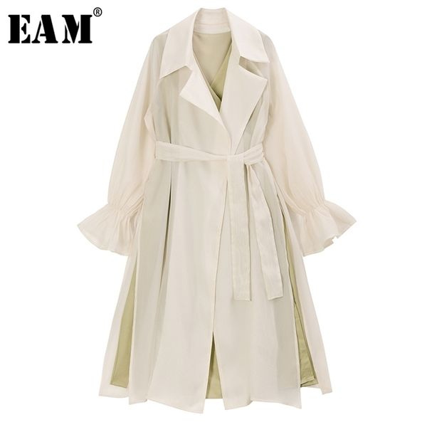 

eam women two piece bandage long trench new lapel long puff sleeve loose fit windbreaker fashion spring 2020 lj201021, Tan;black