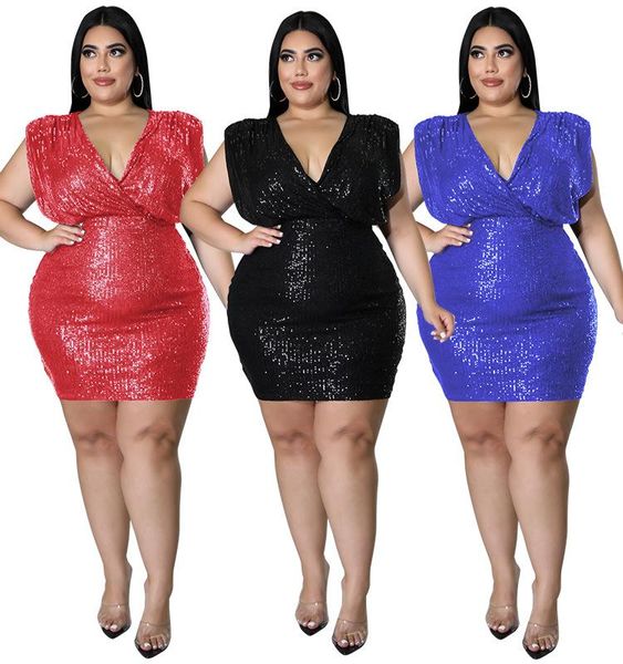 Abiti casual Sparkle Paillettes Women Party Nightclub Plus Size Scollo a V senza maniche Scava fuori sul retro Sexy Mini vestito aderente 2022Casual