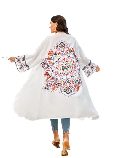 

plus floral print drop shoulder open front coat j5tr#, Black