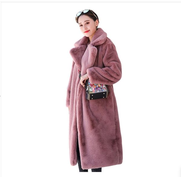 2022 Inverno Donna Faux Rabbit Coat Allunga il ginocchio Cappotto di pelliccia Sciolto Risvolto Soprabito Spessore Caldo Plus Size Cappotti di peluche femminili Per la festa della mamma Regalo