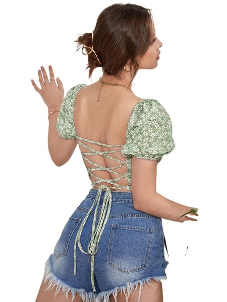 

ditsy floral puff sleeve lace up tied backless crop j6pa#, White