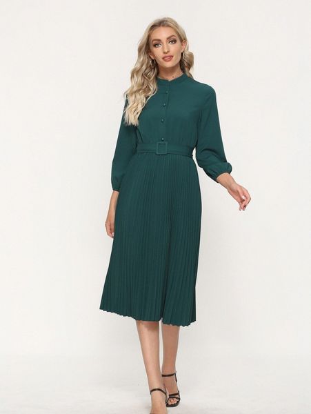 

simple flavor pleated hem buckled belted dress x2ey#, Black;gray