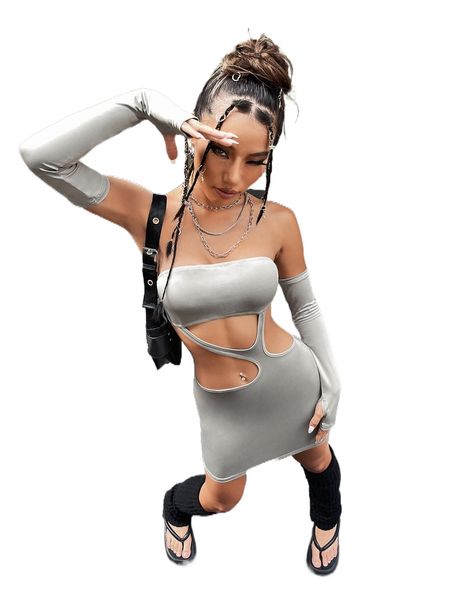 

cut out tube bodycon dress with arm sleeves b4bs#, Black;gray