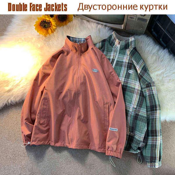 

harajuku double face jackets men 2021 streetwear hip hop korean stand collar male fashion casual all-match plaid coat t220816, Black;brown