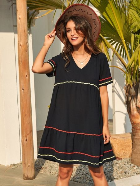 

kate kasin ripple tape smock dress m6sx#, Black;gray