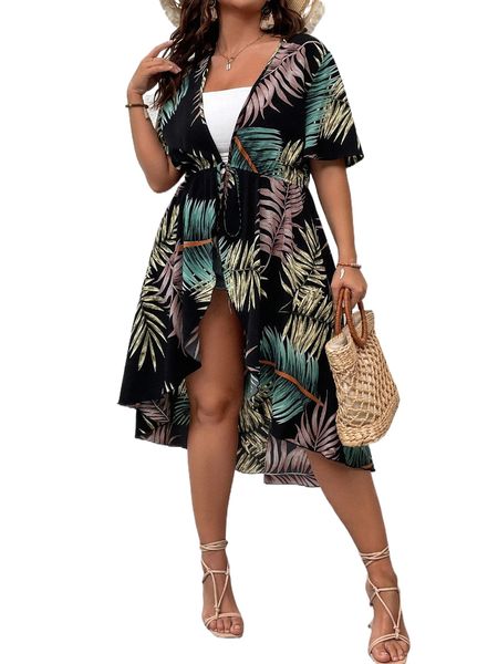

plus tropical print knot front kimono d4x5#, Black;gray