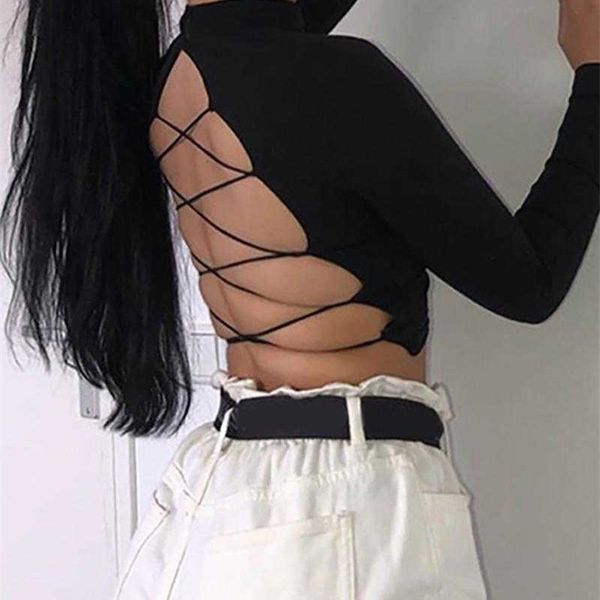 

women elegant fashion casual long sleeve blouse v-neck backless bandage 210716, White