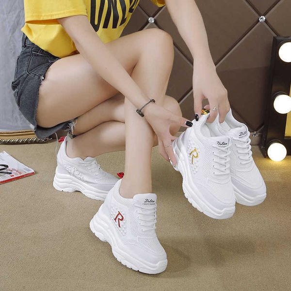

elling little white platform shoes women's height increasing loafers 2022 summer new versatile white mesh casual sports shoes, Black
