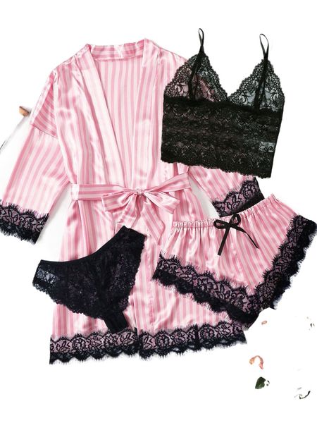 

5pack striped contrast lace satin lingerie set & robe d6gw#, Black;red