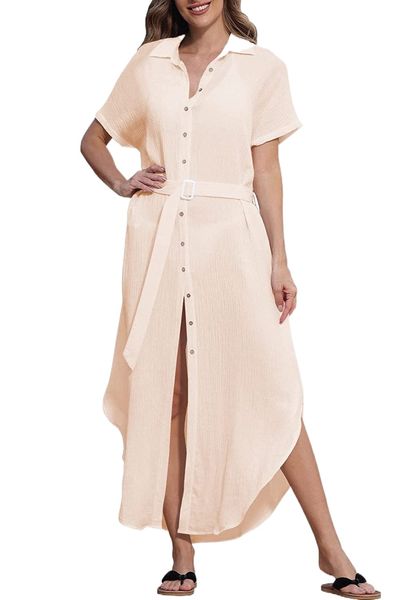 

women's short sleeve button down shirts dress side split long kimonos cardigans swimsuit cover ups with belted z9eo#, Black;gray