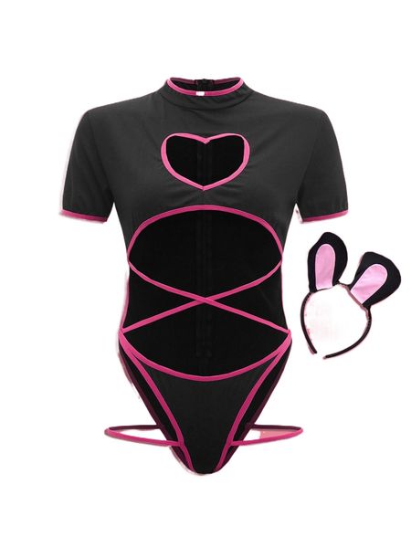 

romwe anime hollow out teddy bodysuit with costume headband g7sd#, Black;red