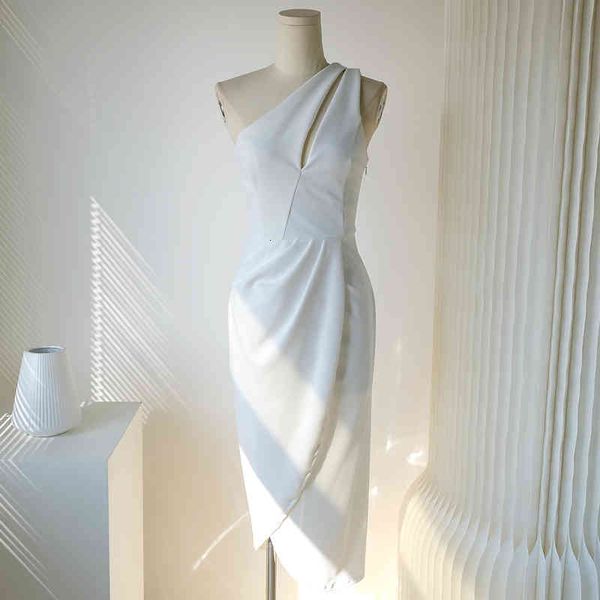 

casual dresses foreign trade original single lady temperament banquet dress skirt slant shoulder texture pearl yarn high waist thin split, Black;gray