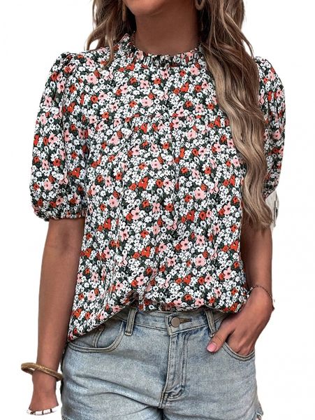 

allover floral print mock neck blouse a0km#, White