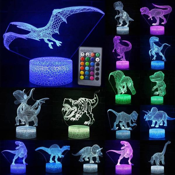 Luci notturne regalo di Natale lampada a LED 3D serie di dinosauri lampade da tavolo con telecomando a 16 colori giocattoli per la decorazione domestica dei bambini