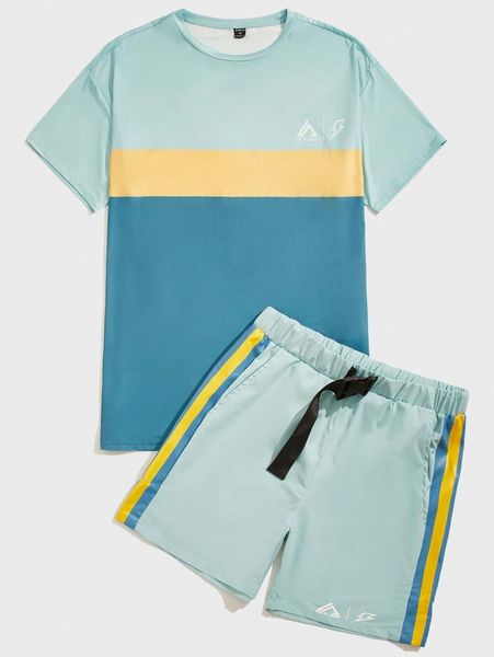 

men colorblock tee & buckle detail shorts set l0jw#, Gray