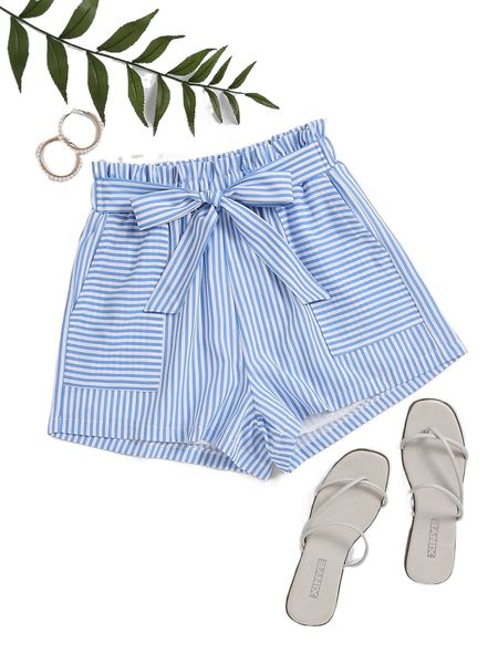 

vertical striped paper bag waist belted shorts d5zp#, White;black