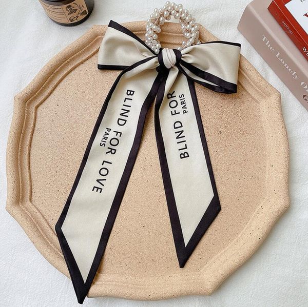

fashion retro letters pearls ribbon bow hair headbands streamer french ponytail holder multi-use tassel hair bows hairs bands women accessor, Silver