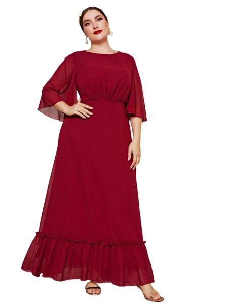 

plus flounce sleeve frill trim chiffon prom dress 66rw#, Black