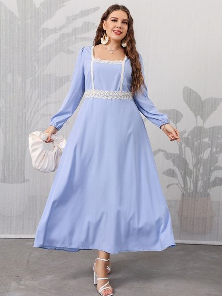 

plus guipure lace insert puff sleeve dress e4pv#, Black