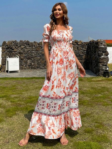 

missord floral print ruffle hem shirred dress s7uc#, Black;gray