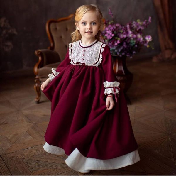 Vestidos de menina 0-12a bebê menina outono inverno renda vinho vermelho bordô vestido longo para aniversário de Natal