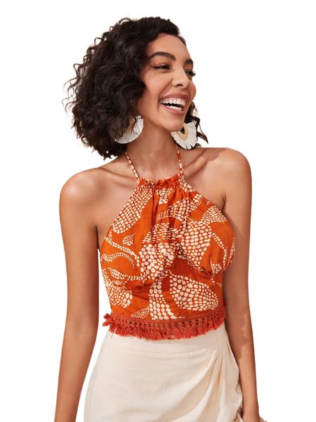 

dot print tie backless tassel trim halter g2ph#, White