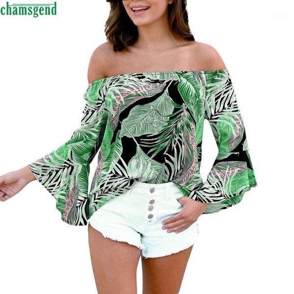 

women's blouses & shirts chamsgend women's one-shoulder shirt leaf print style blouse ladies flare sleeve fashion camisa de un sol, White