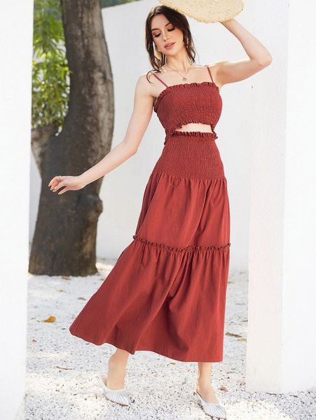 

shirred frilled cut out front ruffle hem dress v0md#, Black;gray