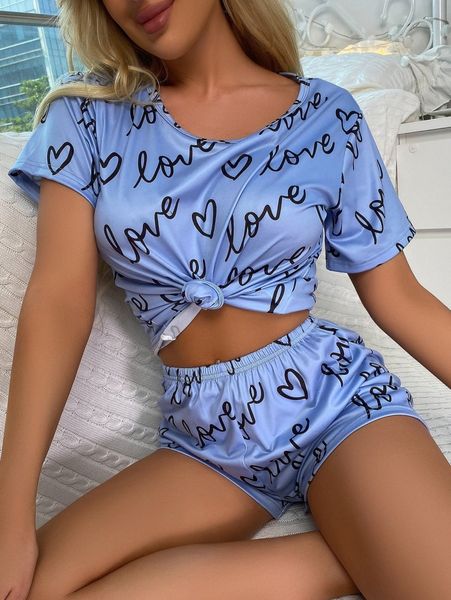 

letter & heart print pj set with eye mask u2mz#, Black;red