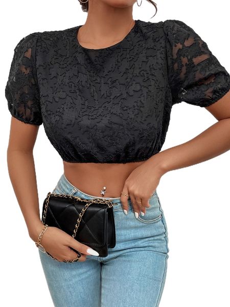 

solid floral lace insert keyhole back crop blouse w58b#, White